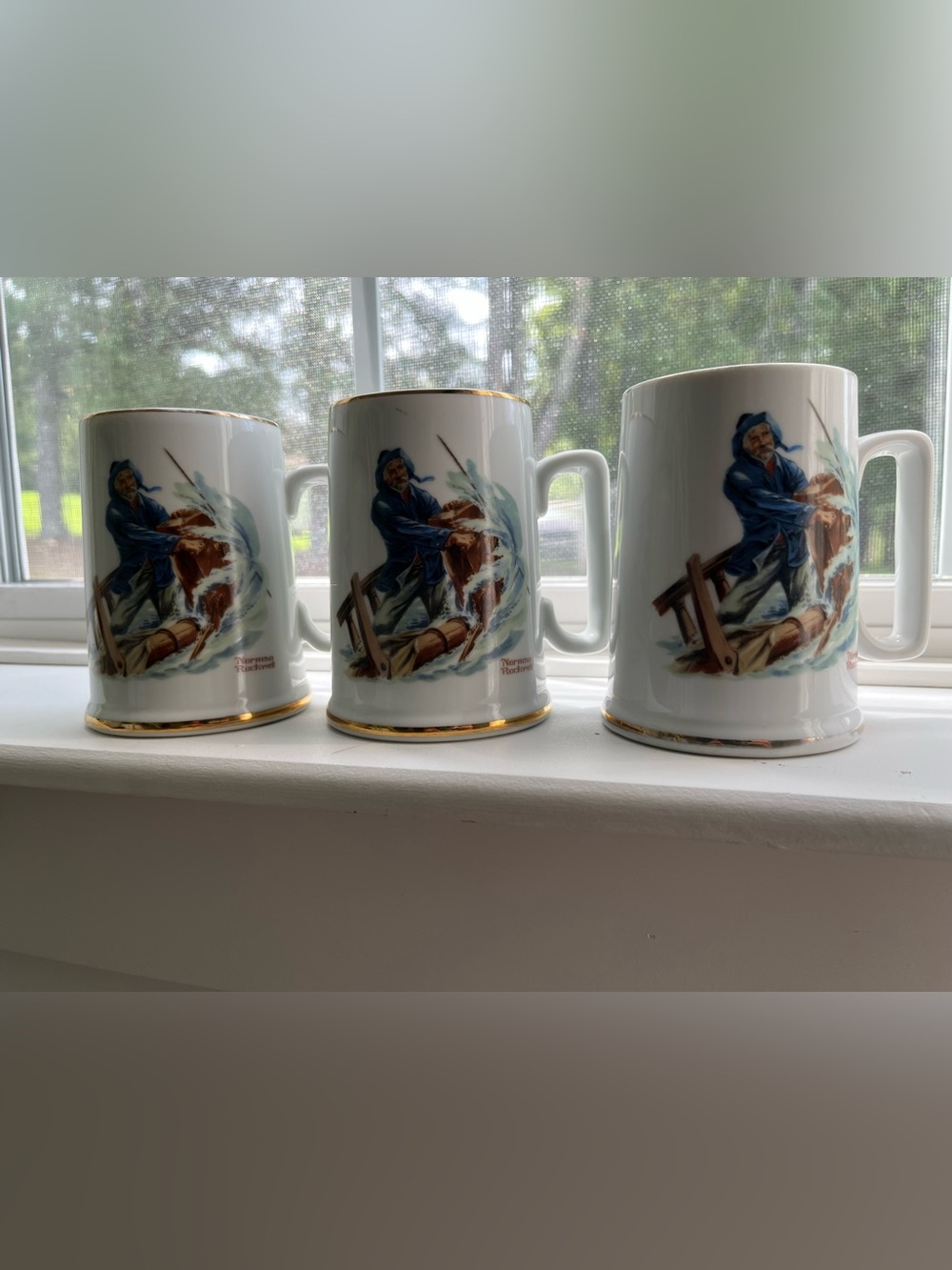 Set of 3 Norman Rockwell White Porcelain Nautical Fisherman Mugs with Gold Trim
